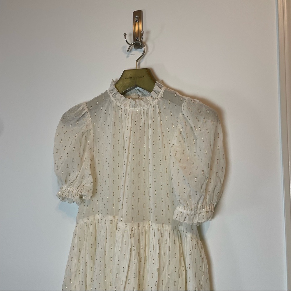 ULLA JOHNSON Dhalia Lurex Tiered Puff Sleeve Metallic Mini Dress \\ 0 - Picture 3 of 10